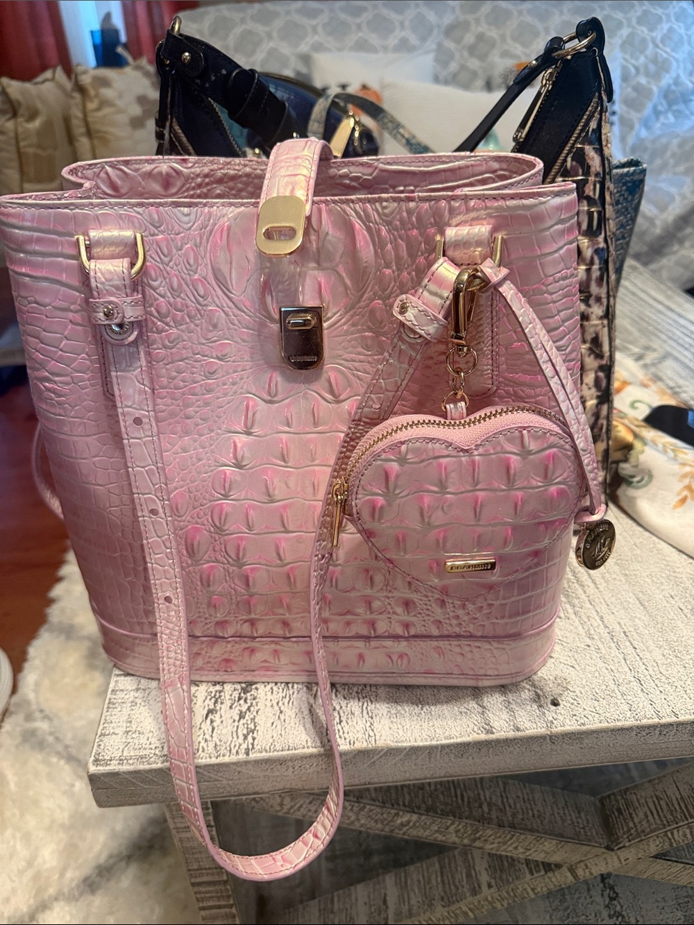 Brahmin Pink Croc-Embossed Tote with Heart Pouch